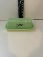 Green Jadeite Depression Style Glass Butter Dish, Vintage Milk Glass Kitchenware