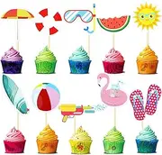 100 Pcs Summer Beach Cupcake Toppers Pool Party Hawaiian Theme Cake Picks With Ball, Sun Umbrella, Goggles - Beach Cake Decorations for Birthday, Tropical Luau, Baby Shower, 10 Designs