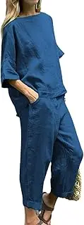 [HanzhuoLG] Women's Cotton Linen Tracksuit Set Summer Solid Color Casual Loose Half Sleeve Linen Shirt & Pants Two Piece Set Dark Blue 3X-Large