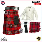 Scottish Men’s Kilt Set - 9-Piece Royal Stewart Tartan Outfit & Jacobite Shirt