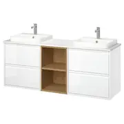 ÄNGSJÖN / BACKSJÖN wash-stand/wash-basins/taps, high-gloss white/oak effect/white marble effect, 162x49x71 cm