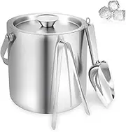 Double-Wall Stainless Steel Insulated Ice Bucket with Ice Tong & Spade, Good Refrigeration, 2L/68OZ Beverage Cooler Container for Home Bar, Chilling Beer, Champagne, Wine Bottle