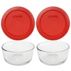 Pyrex (2) 7200 Round Storage Glass Bowls & (2) 7200-PC Poppy Red Plastic Lids