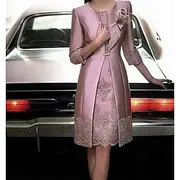 Sheath Mother of the Bride Dress Wedding Guest Vintage Plus Size Jewel Neck Knee Length Satin Lace 3/4 Length Sleeve Jacket Dresses with Appliques 2025 free cu