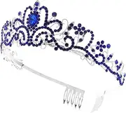 [Ipetboom] Bridal Crown Baroque Rhinestone Crown Birthday Party Performance Decoration Cake Crown (red Diamond on Silver Base) Bridal Party Decorations Wedding Hair Accessories Alloy Blue