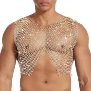 [GENEMEN] Rhinestone Mesh Top Men's Fishnet Tank Top Sexy Cropped Shirt Rave Transparent Vest