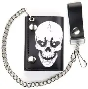GENUINE LEATHER SKELETON HEAD TRI-FOLD MEN'S WALLET W SNAP ON CHAIN folding NEW