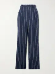 [Ralph Lauren Collection] Ralph Lauren Collection - Stamford Belted Pleated Pinstriped Linen And Cotton-blend Straight-leg Pants - Blue - US12 US 12 Blue