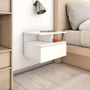 Floating Nightstands Set White, Bedside Table with Drawers, Wall Mounted Shelves, Modern Bedroom Furniture, End Table for Small Spaces, Wood Night Stand