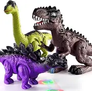 MSKOLER 3 Pack Electric Walking Dinosaur Toys for Toddlers 2-4 3-5 Years with Roar Sounds and Lights Up, Realistic Robot Tyrannosaurus, Brachiosaurus, Stegosaurus Dinosaur Figures for Kids