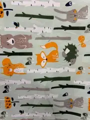 LIGHT MINT MULTICOLOR FOX BEARS ANIMALS PRINTED 100% COTTON FABRIC (60 in.) BTY