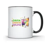 DRINK DRANK DRUNK COFFEE CUP BLACK HANDLE AND RIM MUG 11 OUNCE FUN MUG COLORFUL