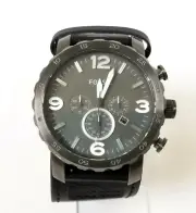 NEW FOSSIL NATE GUNMETAL GRAY,BLACK CUFF LEATHER BAND,CHRONOGRAPH WATCH C241006