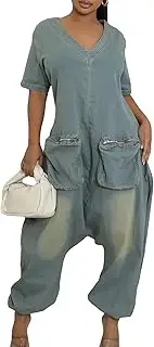 [Kwunbwa] Women's Baggy Cargo Denim Jumpsuit Short Sleeve V Neck Loose Distressed Wide Leg Romper Overalls with Pockets