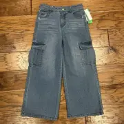Derek Heart Girls 10/12 Medium Light Blue Jean Pants Wide Leg Cargo Pockets NEW