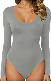[Vickyleb] Long Sleeve Bodysuits for Women Scoop Neck Sexy Soft Ribbed Body Suit Stretchy Basic Bodysuit Going Out Tops