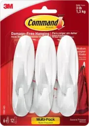 Command Medium Designer Hooks, Holdes up to 3 lb, 6 Wall Hooks Medium, White