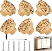 Fiabgum 6Pack Boho Rattan Dresser Knobs Handmade Wooden Drawer Knobs Durable Beech Wood Drawer Pulls,with 6 Screws Wicker Woven Pulls for Cabinets, Furniture