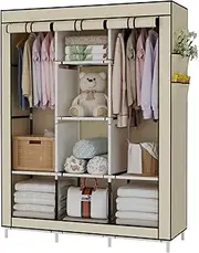 [UDEAR] Portable Wardrobe Closet Clothes Organizer No-Woven Fabric Cover with 6 Storage Shelves, 2 Hanging Sections and 4 Side Pockets，Beige