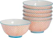 Nicola Spring Patterned Cereal Bowls - Orange - 16cm - Pack of 6 - Hand Printed Japanese Style Porcelain Serving Bowls for Dessert, Pasta, Cereal, Salad, Noodles, Soup