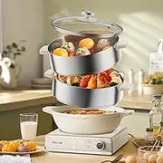 Bear Electric Food Steamer, 14L 3-Tiers Multifunctional Vegetable Steamer Hot Pot and Stir-Frying, 24H Appointment & Keep Warm, Electric Frying Pan, for Fish Seafood, Stainless Steel Steamer, 2000W