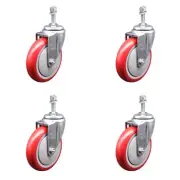 5 Inch SS Red Polyurethane Wheel Swivel 3/8 Inch Threaded Stem Caster Set SCC