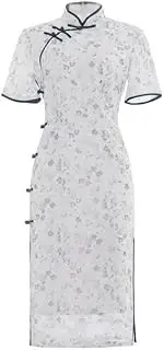 [ChangNanJun] 2022 Floral Cheongsam Short Sleeve Chinese Style Dress Chiffon Qipao Dress with Lining