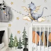 Baby Dragon Wall Decals Stars Clouds Forest Nursery Wall Stickers Removable Livingroom Kids Room Playroom Library Nursery Classroom Wall Decor