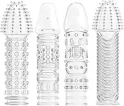 4 Count Transparent Male Condom Adult Lock fine Ring Extended Sleeve Crystal Sleeve A New Experience with Your Partner