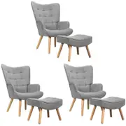 Oikiture 3x Armchair Lounge Chair Ottoman Accent Armchairs Fabric Sofa Grey