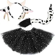 3 PCS Cow Costume Set for Girls Including Cow Ears Headband Tail and Skirt Animal Costume Kit, Cow Cosplay Accessories for Women, Halloween Party Dress Up Supplies for Christmas Carnival