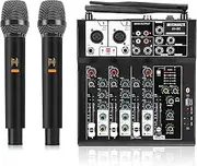 MICNAUX 4 Channel Audio Mixer Karaoke Mixer with Dual Wireless Microphones, Professional Sound Desk, Mixing Console for Dj, Mp3, Bluetooth, 48V Phantom Power, Usb Interface