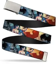 [Buckle-Down] Big Web Belt Justice League, DC Comics Trinity Group Pose/Logos, 1.0" Wide-fits up to Kids Size 20