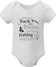 [WOOYONGING] Pack My Diapers I'm Going Fishing With Daddy Neutral Newborn Outfit Short Sleeve Boys Bodysuit White 24 Month Romp