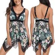 [FEOYA] Women's Mesh Tulle Swimsuit Bathing Suit Top Printed Surfing Suit Two-Piece Swimwear Sleeveless Swim Dresses Swimming Costume Skirt Built in Safety Briefs