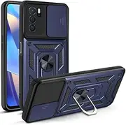 [HAOYE] Case for Oppo A16 / A16S / A54S, Mobile Phone Case with 360 Degree Finger Holder Kickstand and Sliding Camera Cover, TPU + PC Protective Case, Blue