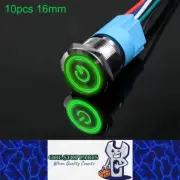 10 x 16mm Metal Push Button Switch Green LED 12V-24V Pre-Wired Self-Rest Switch