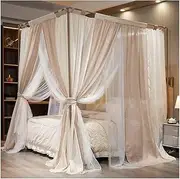 Double Layer Linen Bed Canopy Mosquito Net, 4 Corner Post Bed Curtains Bedroom Decor with Stainless Steel Brackets (Color : Khaki, Size : 180X220cm/71X87in)