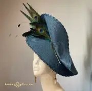 Aimee Fuller Navy Blue Ascot Kentucky Derby Big Fascinator Hat Peacock Feathers