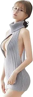 [YOMORIO] Womens Sexy Sweater Dress Turtleneck Knitted Open Front Backless Halter Pullover