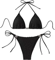 [Falainetee] Women's Halter Bathing Suit High Waisted Summer Swimsuit Bikini Set, Black, Medium