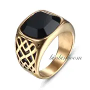 BLACK GLASS STONE WEDDING RING, STAINLESS STEEL, GOLD PLATED, SIZE 8-12