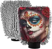 XYMZR Sugar Skull Woman Absorbent Microfiber Car Wash Mitt, Funny Cute Anime Scratch Free for Cars Cleaning, Home Cleaning Mitts, 2 Pack, 10.24” L x 7.09” W