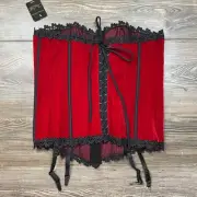 Rene Rofe Red Black Velvet Boned Corset Lace Up Front Hook Back SZ L C102063