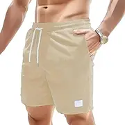 [JEShifangjiusu] Men's Side Pockets Drawstring Shorts Elastic Waist Cargo Straight Pants Short Wide Leg Pants, Apricot A1, XL
