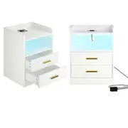 Advwin Bedside Table Set of 2 LED Nightstand 2 Drawers Wireless Charging Station Smart Control White