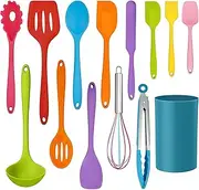 [LIANYU] 14 Pcs Cooking Utensils Set with Holder, Silicone Kitchen Cookware Utensils Set, Heat Resistant Cooking Gadget Tools Includes Spatula Spoon Turner Whisk Tong, Dishwasher Safe, Colorful
