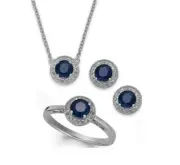 Faceted Stones Sapphire and White Topaz Sterling Silver Necklace Earrings & Ring
