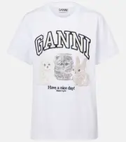 [Ganni] Ganni Printed cotton jersey T-shirt AU 16 white