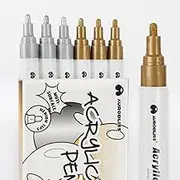 Acrylic Paint Pens Gold Silver 6pcs, Acrylic Paint Pens for Fabric, Resin, Wood, Metal, Glass, Rock Painting Outdoor Metallic Paint Markers Medium Tip 2-3mm